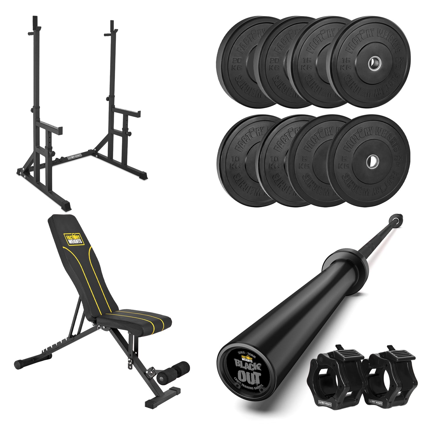 100kg Bumper Plate, Bar, Bench and Squat Rack Bundle