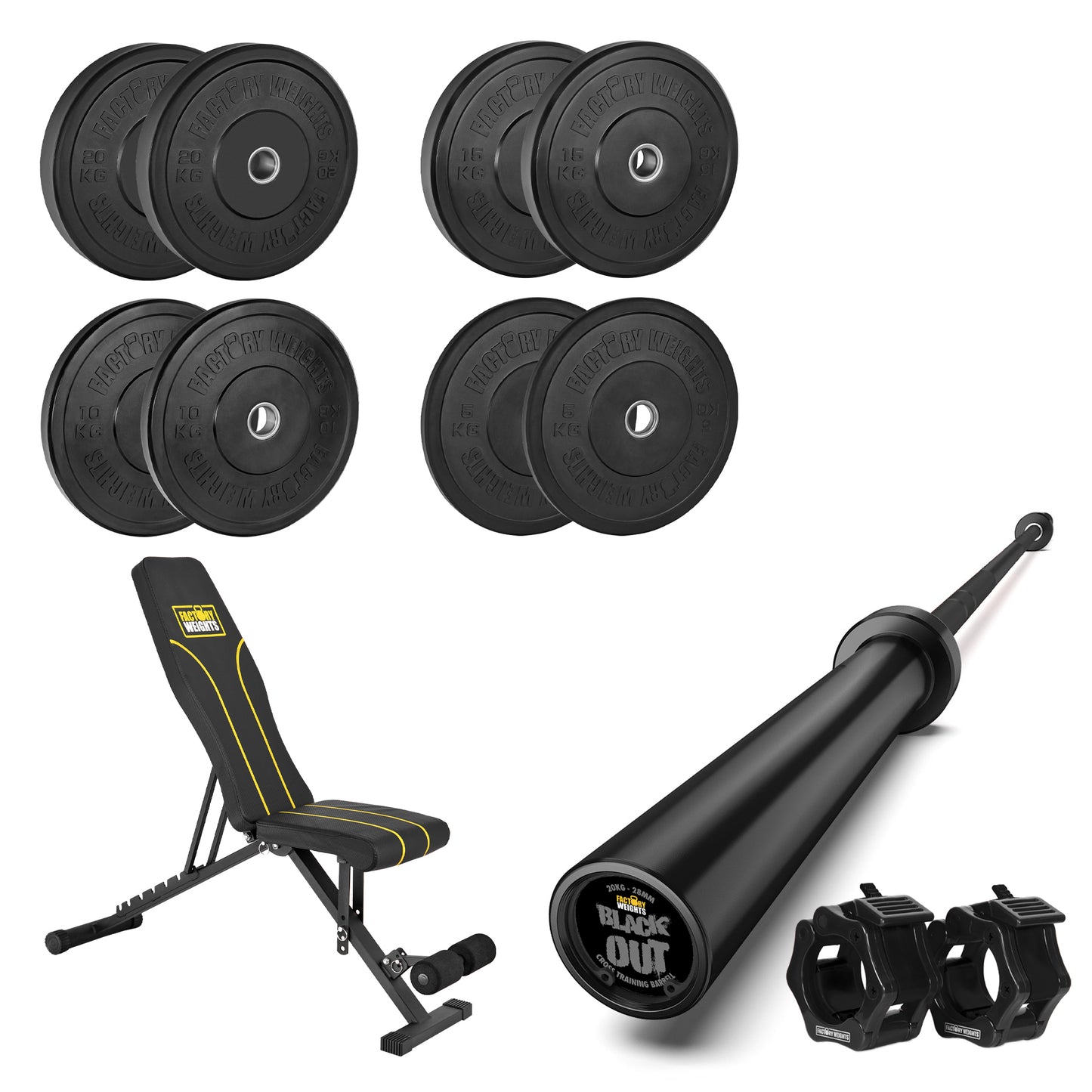 100kg Bumper Plate, Bar and Bench Bundle