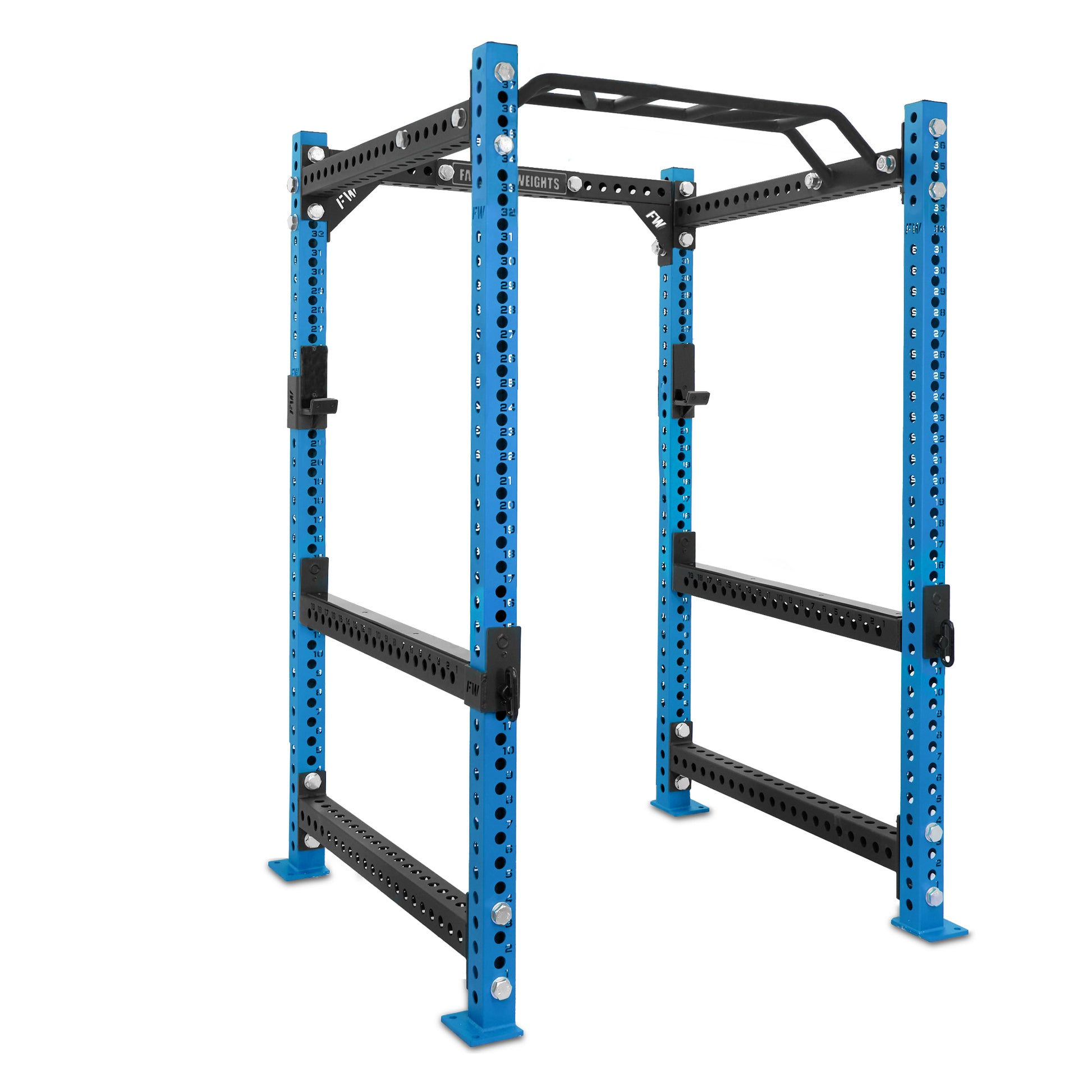 Short Power Rack Blue Monkey Bar Flip Down Safety Bars
