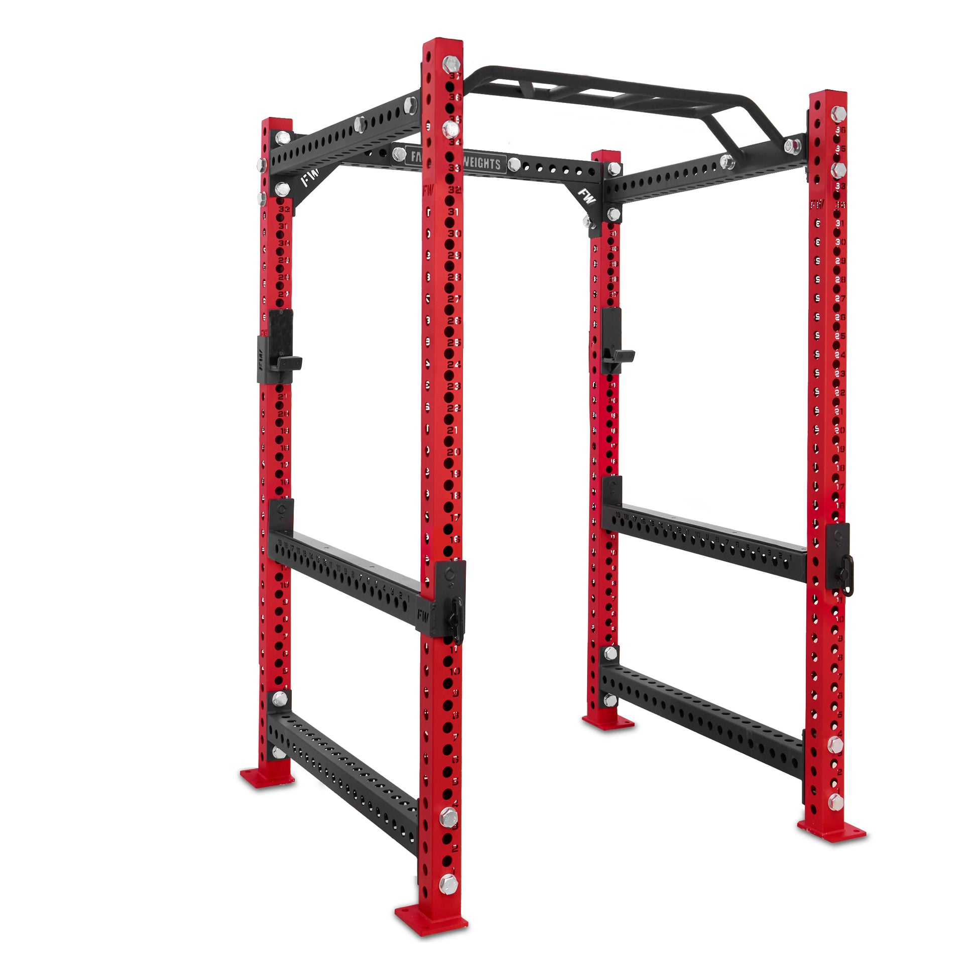 Short Power Rack Red Monkey Bar Flip Down Safety Bars