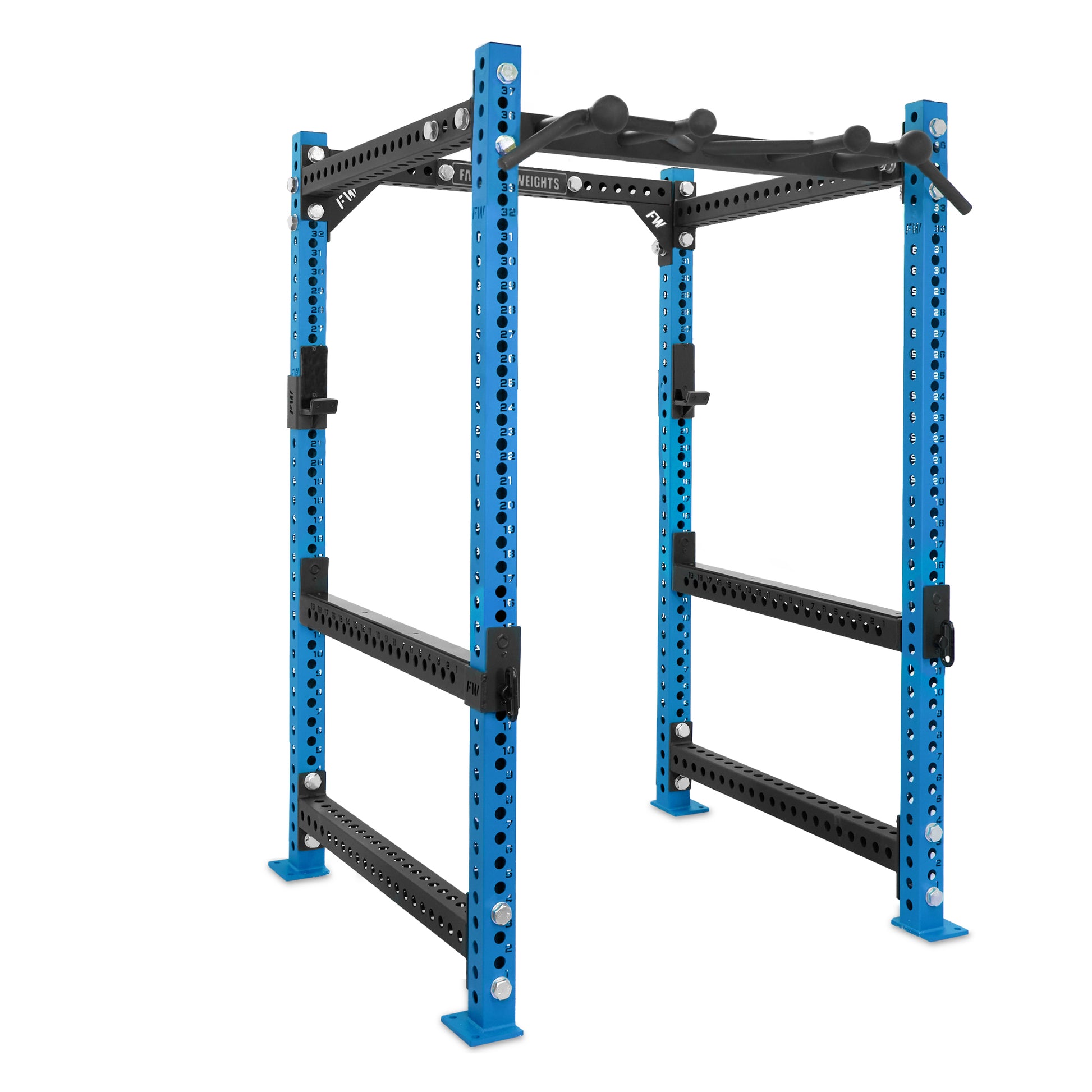 Short Power Rack Blue Omni Bar Flip Down Safety Bars