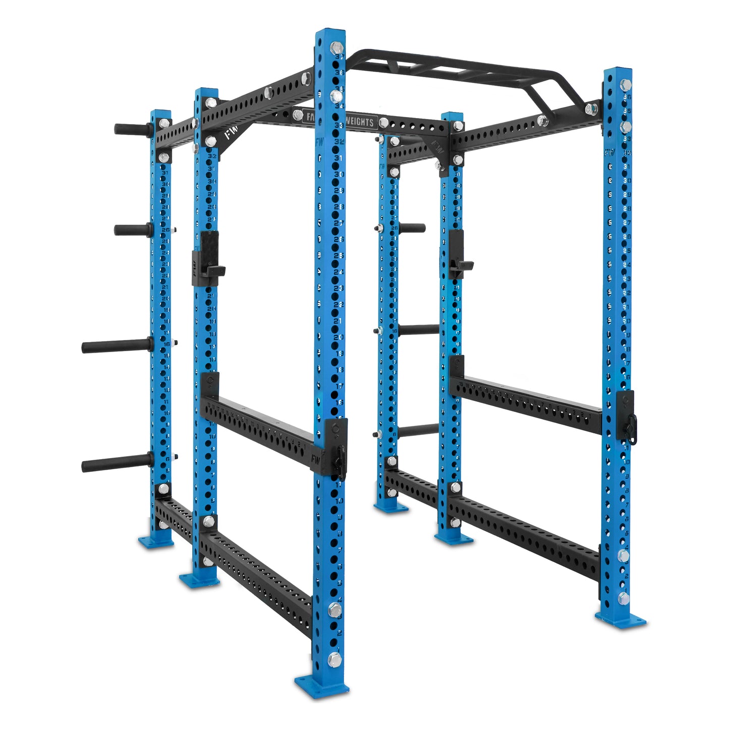 Short Power Rack with Storage Blue Monkey Bar Flip Down Safety Bars