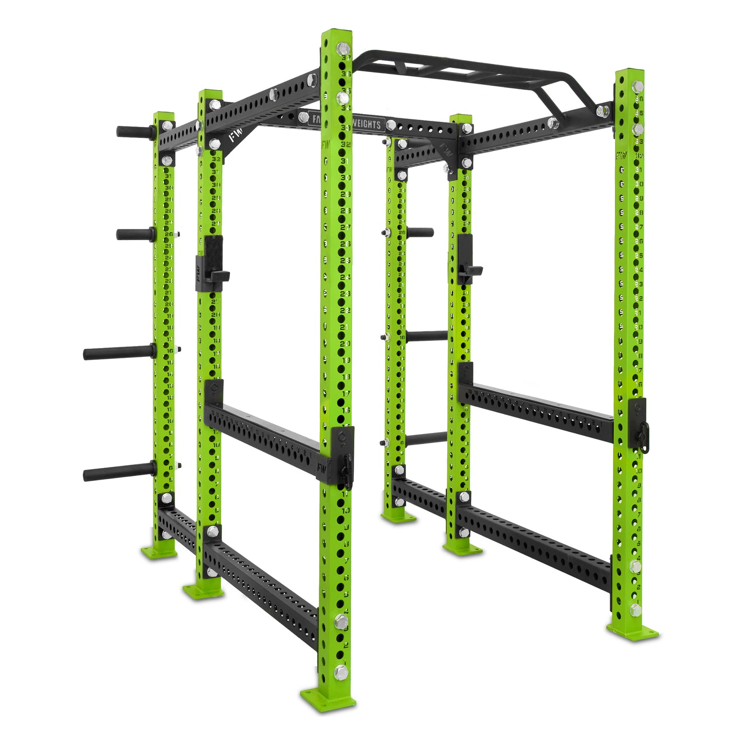 Short Power Rack with Storage Green Monkey Bar Flip Down Safety Bars