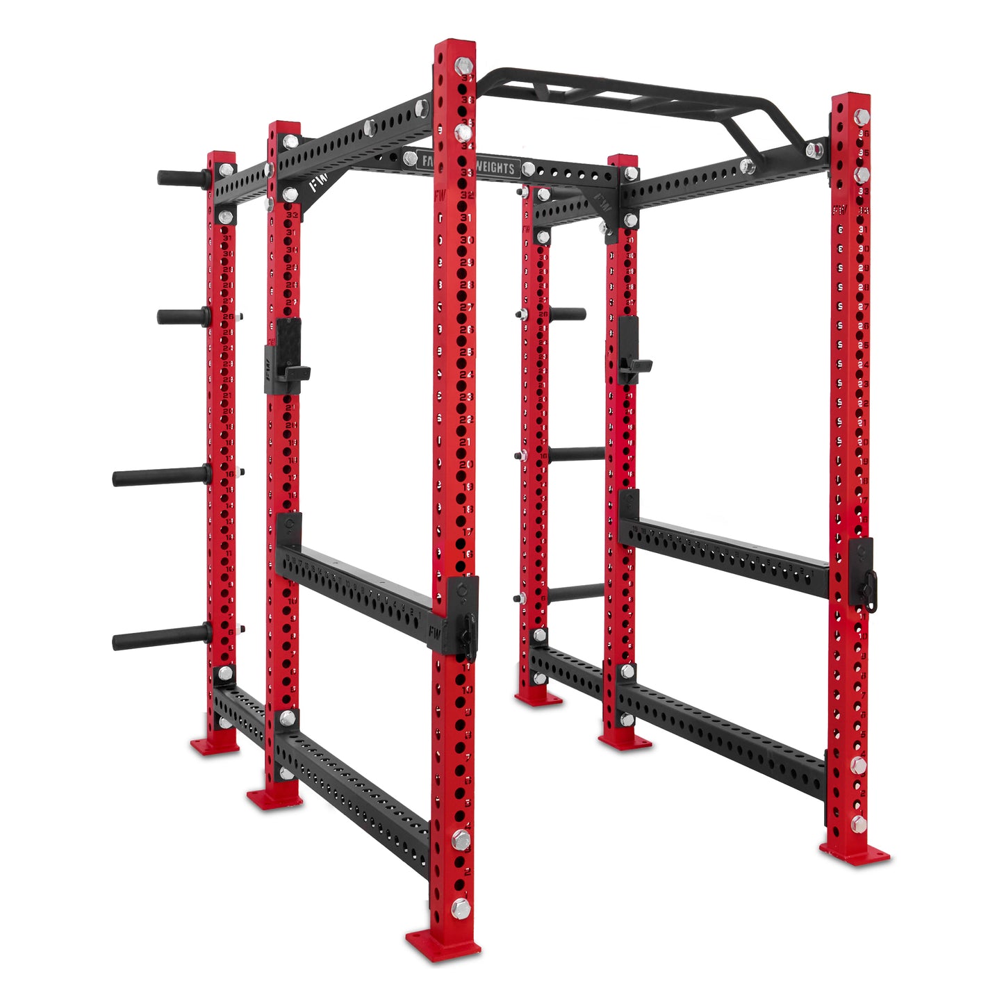 Short Power Rack with Storage Red Monkey Bar Flip Down Safety Bars