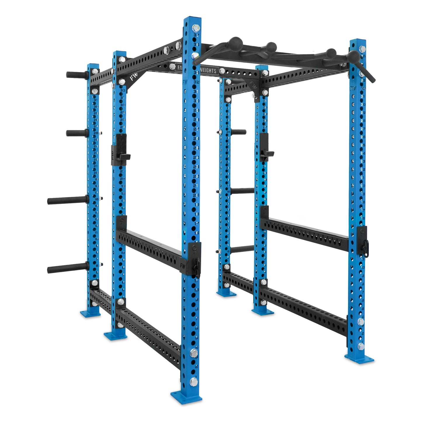 Short Power Rack with Storage Blue Omni Bar Flip Down Safety Bars