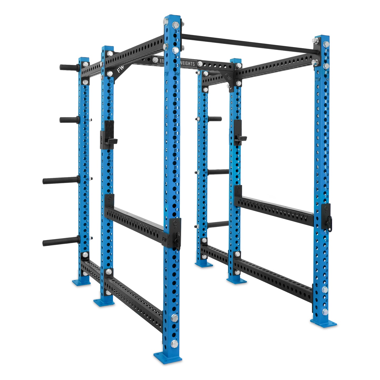 Short Power Rack with Storage Blue Standard Bar Flip Down Safety Bars