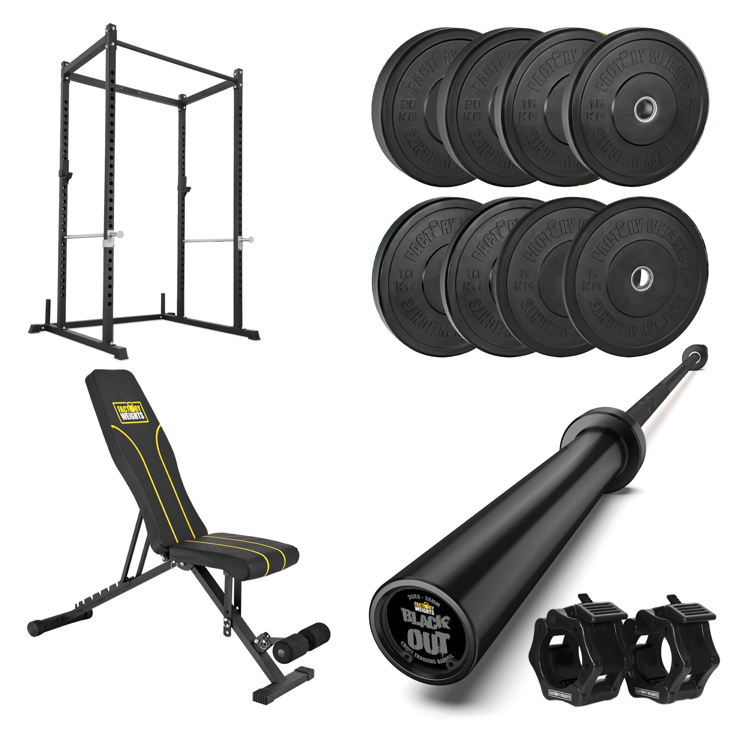 100kg Bumper Plate, Bar, Bench and Power Rack Bundle