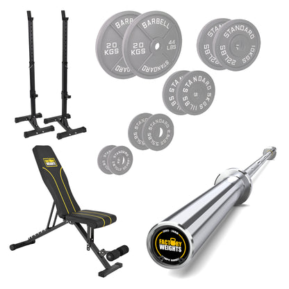 FW1 Squat Stands Cast Iron Bundle No 7ft Olympic Barbell FW1 Adjustable Bench