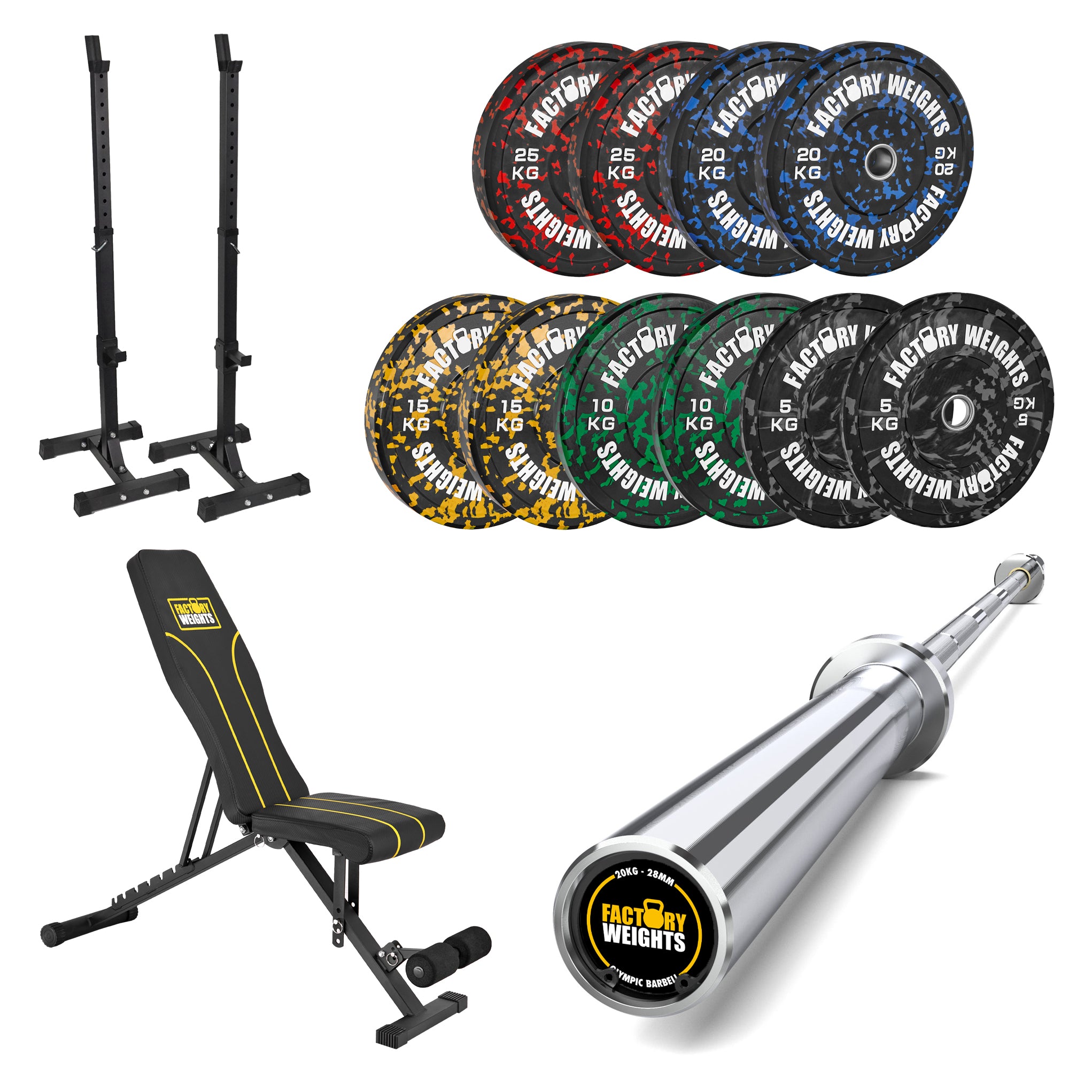 150kg Fleck Bumper Plate Set with Barbell Factory Weights
