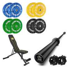 100kg Bumper Plate, Bar and Bench Bundle