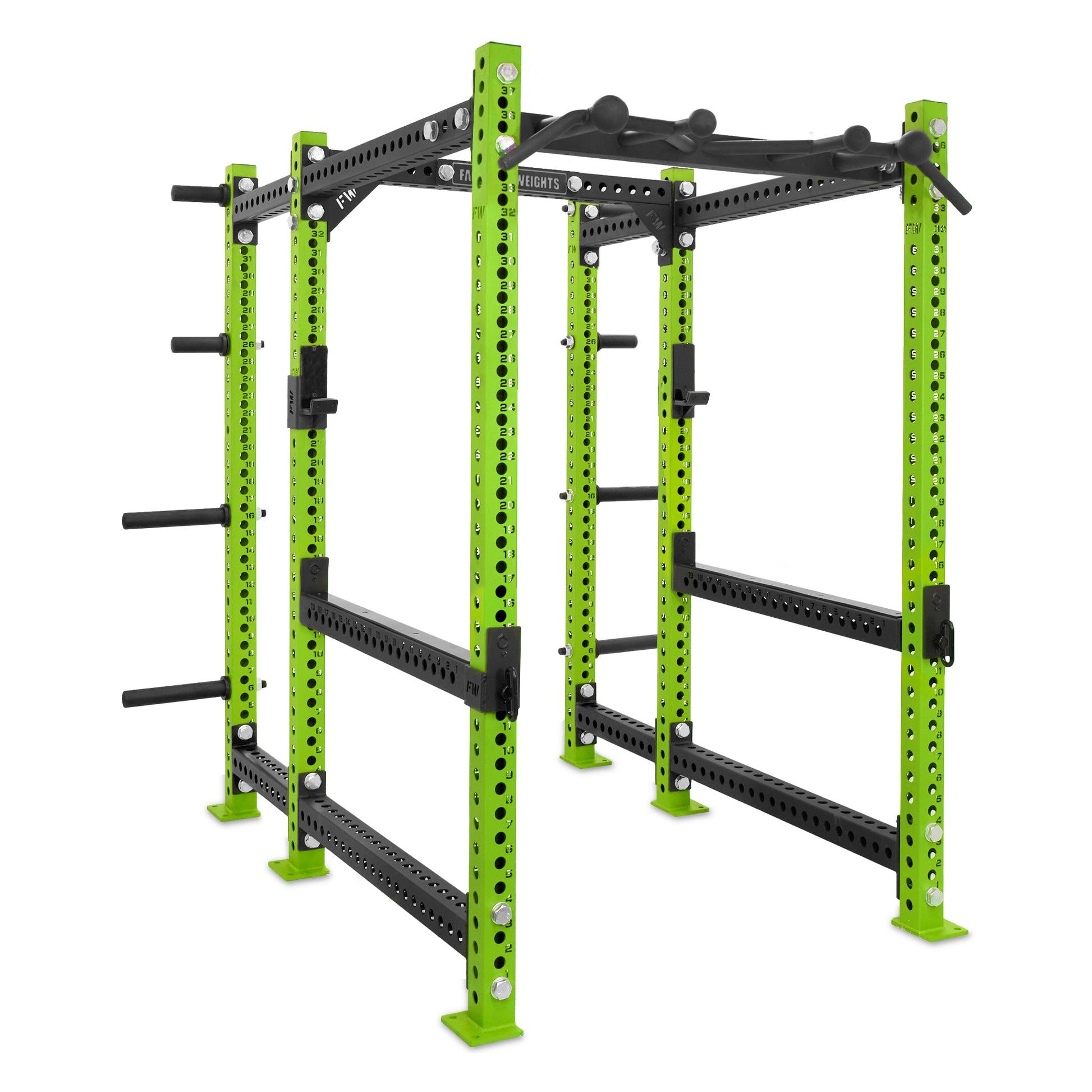 Short Power Rack with Storage Green Omni Bar Flip Down Safety Bars
