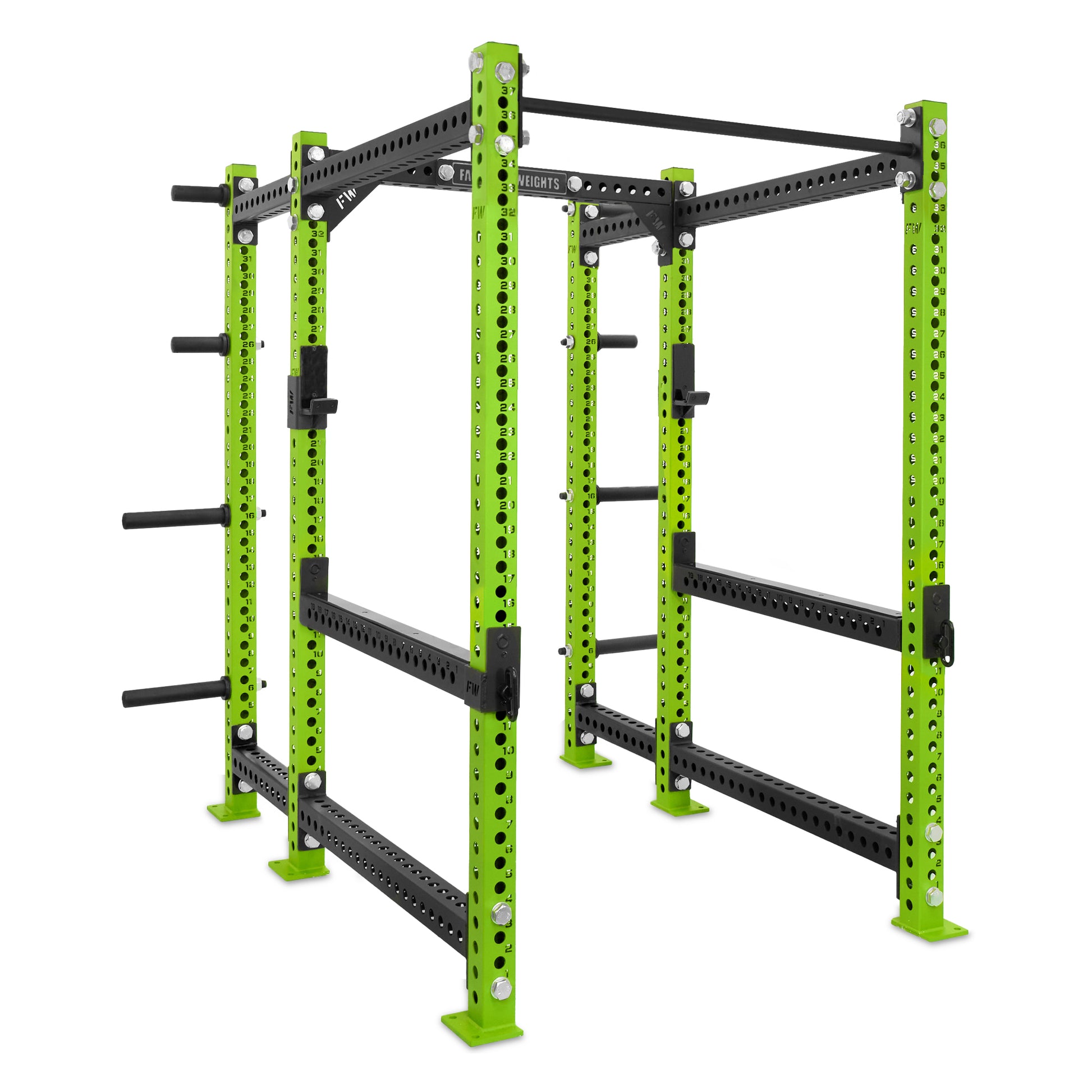 Short Power Rack with Storage Green Standard Bar Flip Down Safety Bars