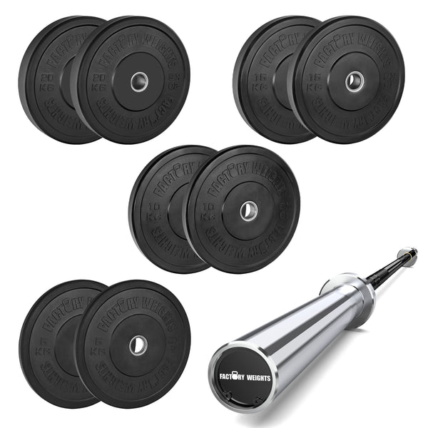 100kg Black Bumper Plate Set with Barbell Factory Weights