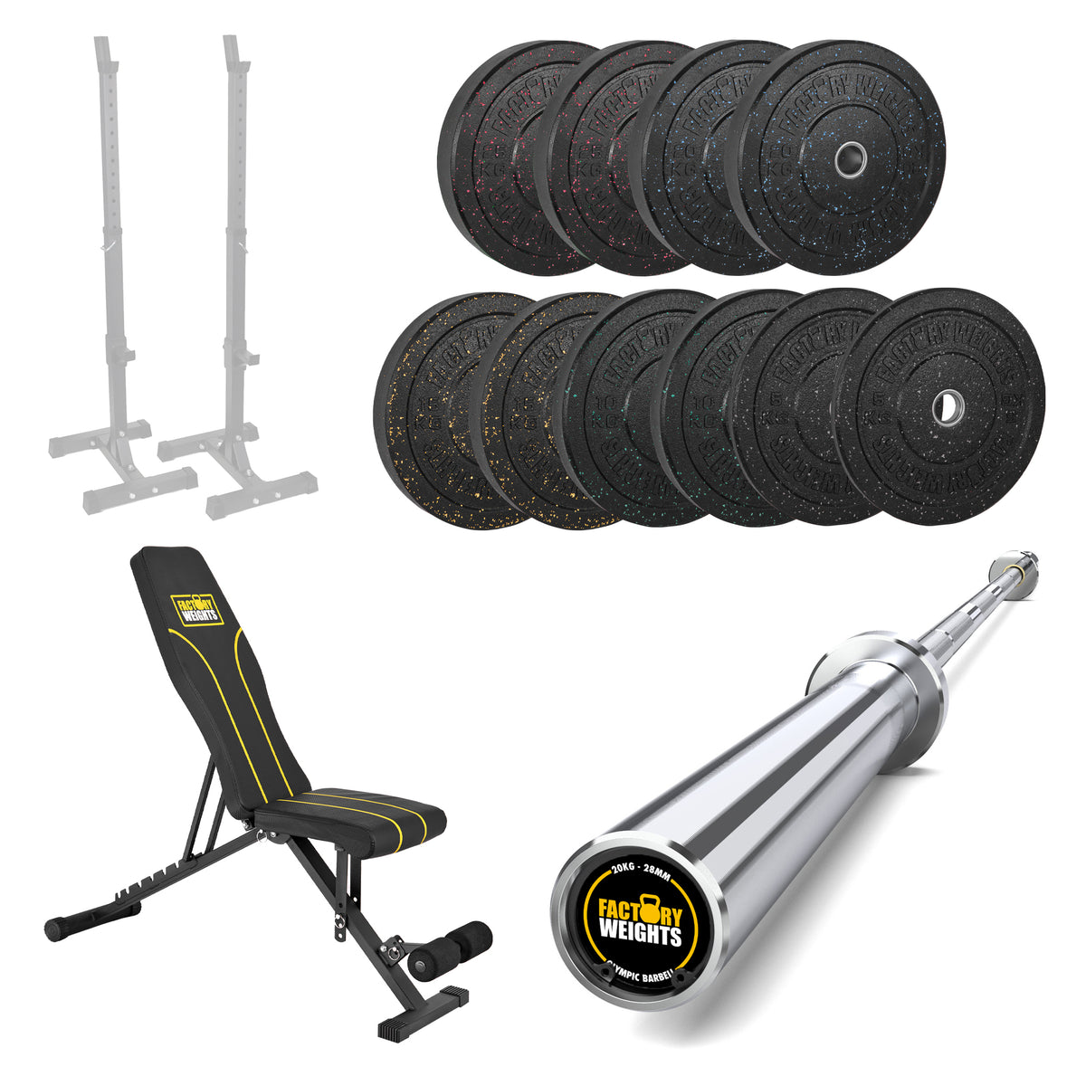 150kg Crumb Bumper Plate Set with Barbell Factory Weights