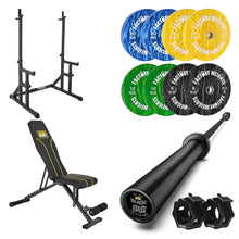 100kg Bumper Plate, Bar, Bench and Squat Rack Bundle