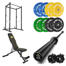 100kg Bumper Plate, Bar, Bench and Power Rack Bundle