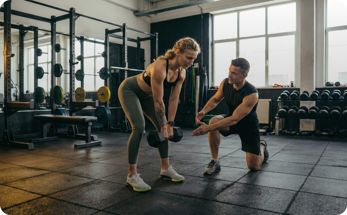 A personal trainer coaching a client through a deadlift in a Factory Weights gym.
